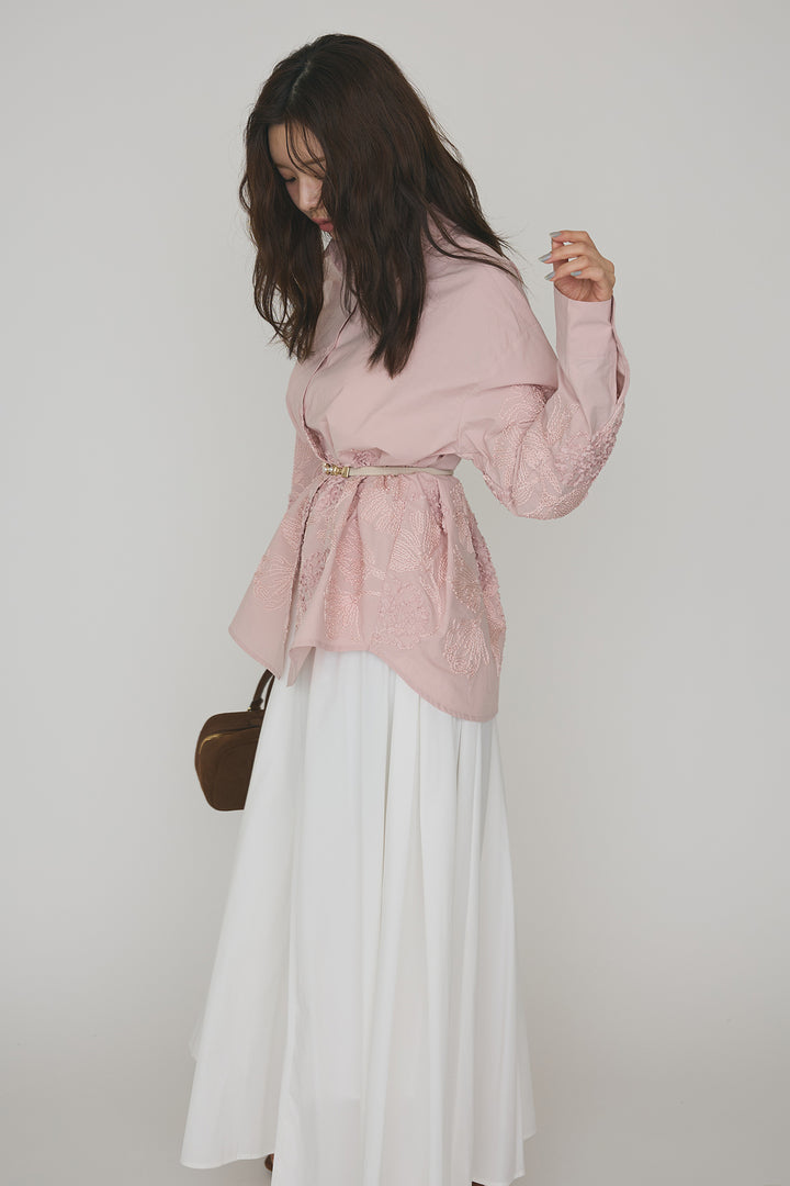 [予約/SET]フラワー刺繍モチーフオーバーシャツ+ギャザーフレア綿タッチスカート(2set)