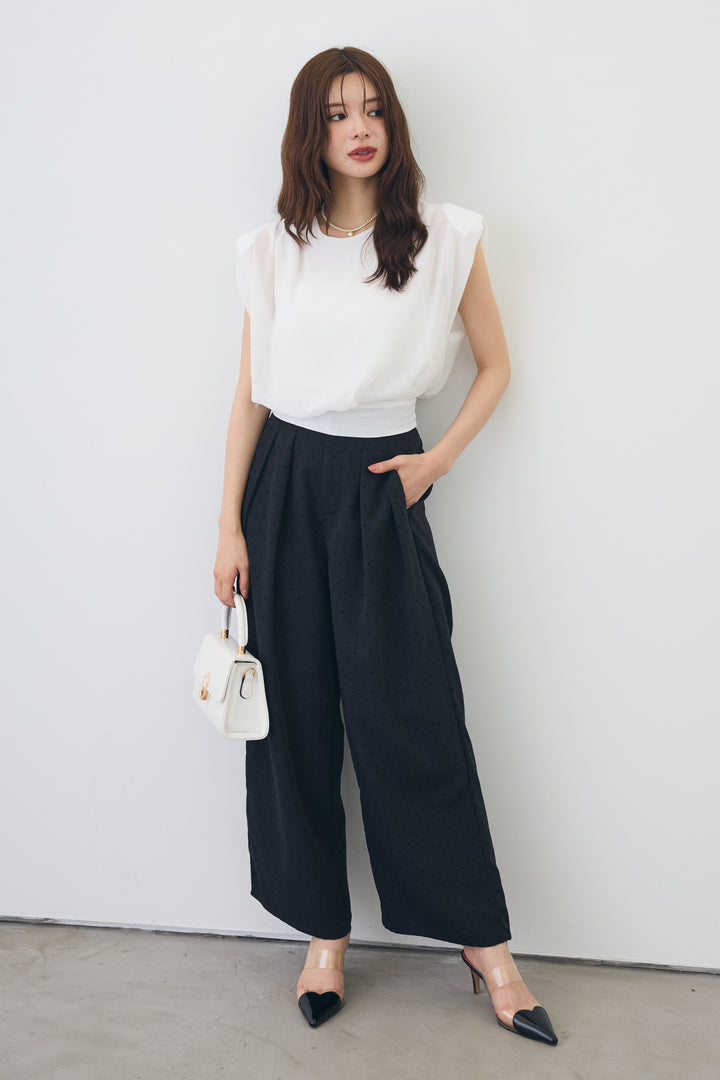 [予約/SET]バックリボンモードショルダーシフォンブラウス+ドットツイルタックワイドパンツ(2set)