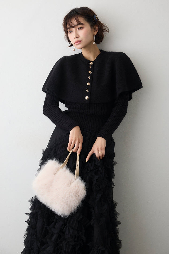[予約/SET]ミックス釦ケープ2wayニット+スフレアシメチュールスカート(2set)