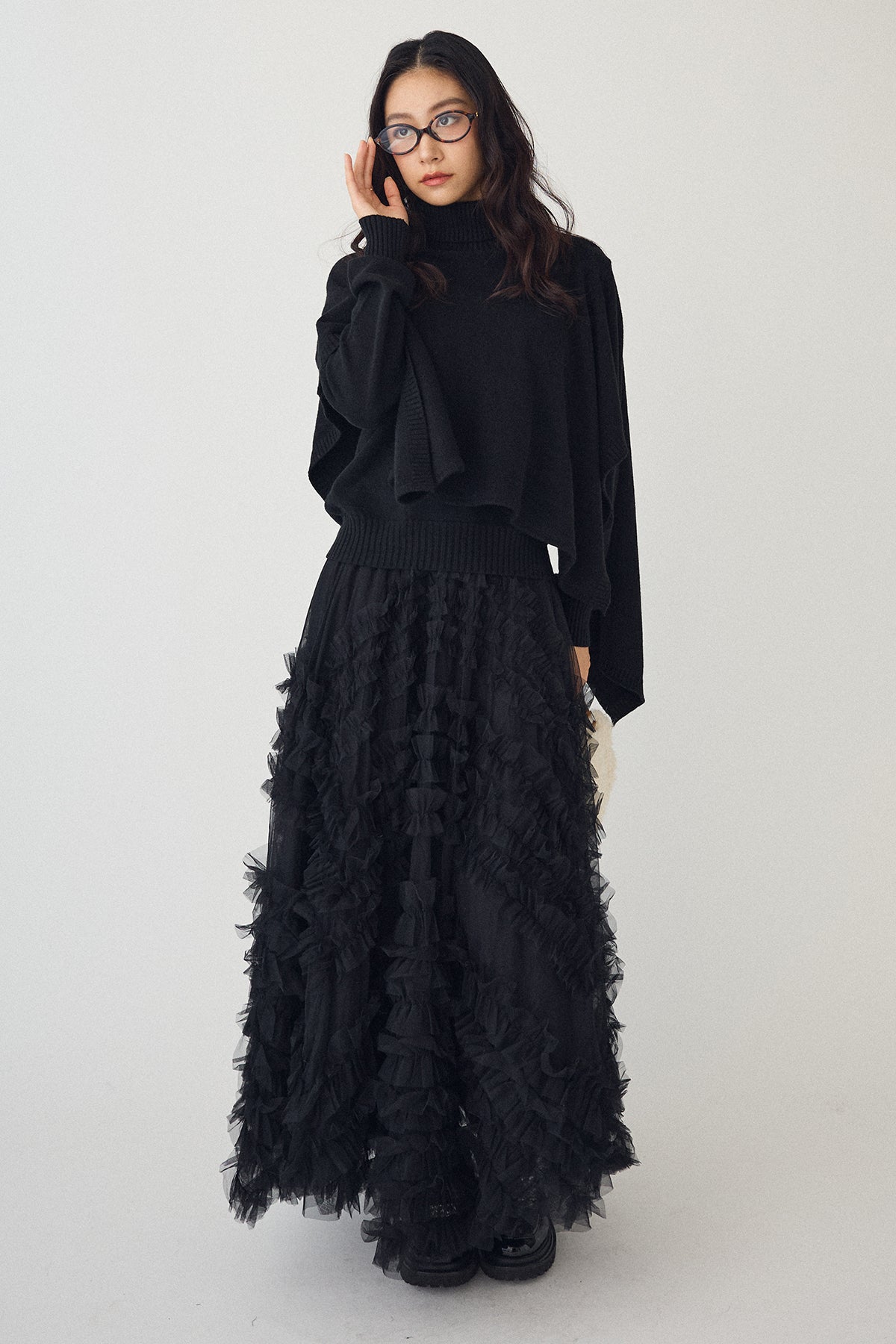 予約/SET]アシメケープ2wayニット+スフレアシメチュールスカート(2set