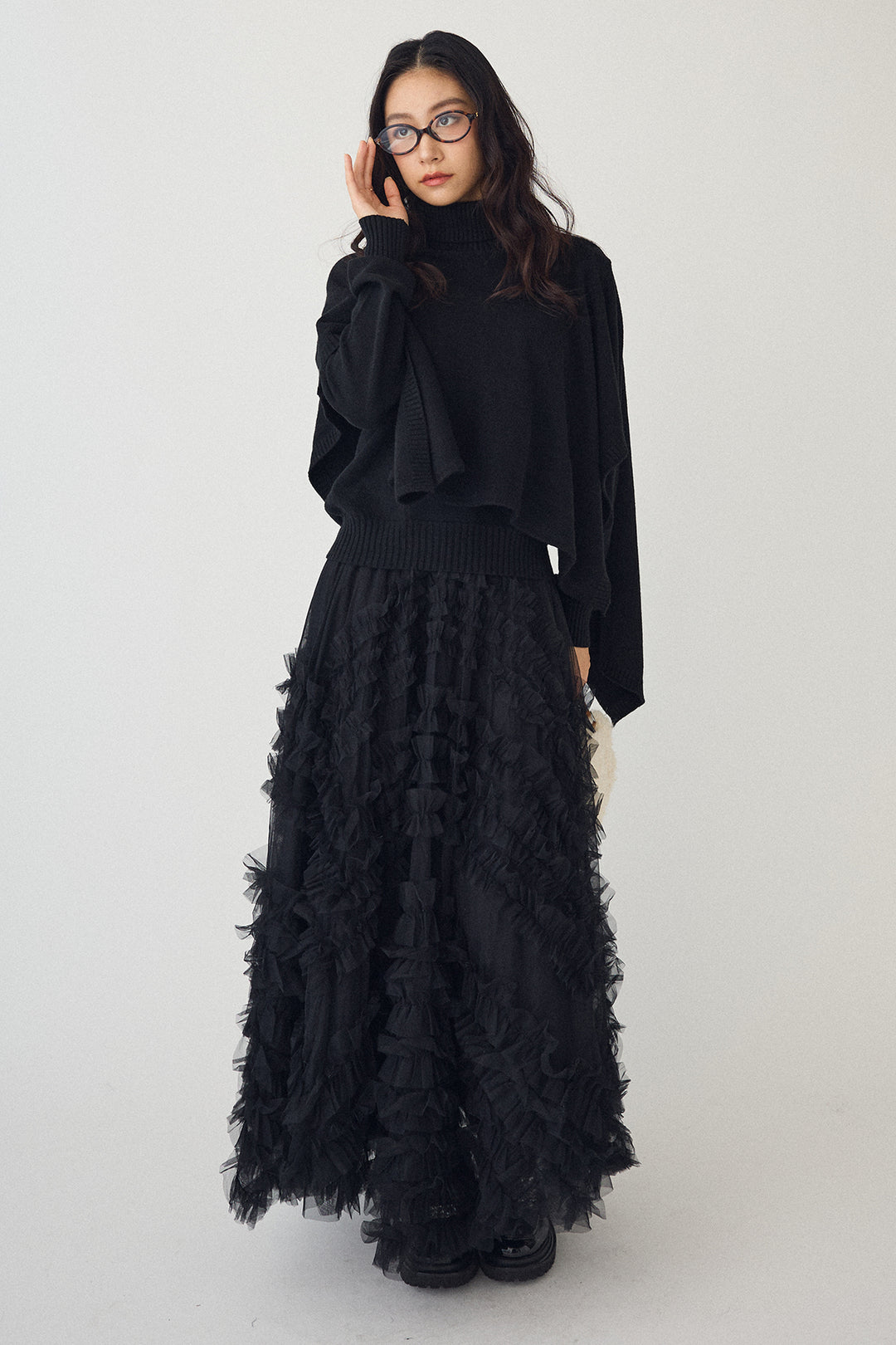 [予約/SET]アシメケープ2wayニット+スフレアシメチュールスカート(2set)