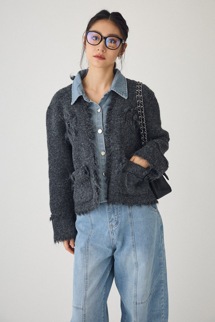 [予約/SET]デニムシャツドッキングツイードカーデ+ステッチ美ラインカーブデニムパンツ(2set)