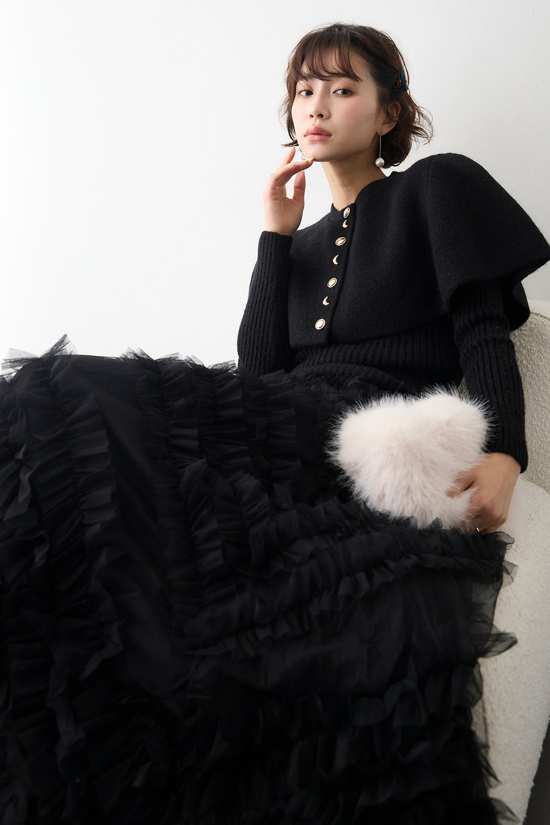 [予約/SET]ミックス釦ケープ2wayニット+スフレアシメチュールスカート(2set)