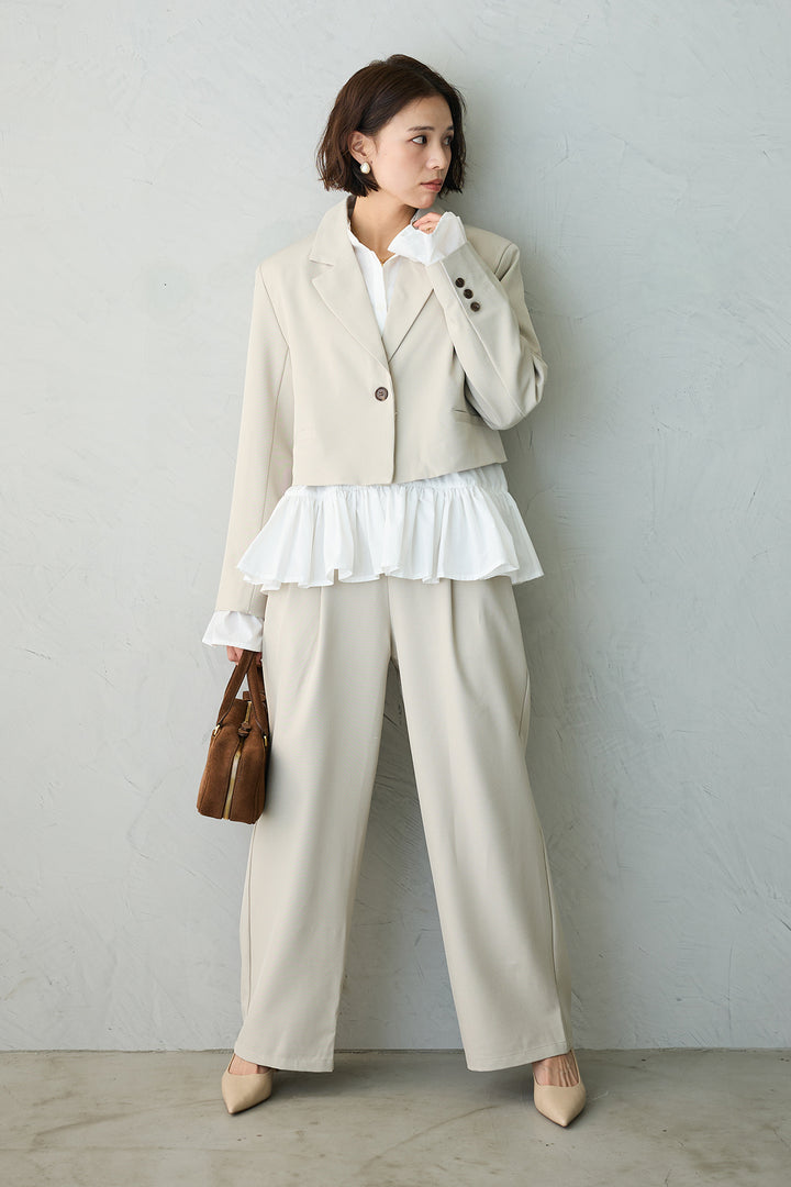 [予約/SET]フリルヘムスリーブブラウス+クロップドマニッシュシンプルジャケット+ツイルシンプルストレートパンツ(3set)