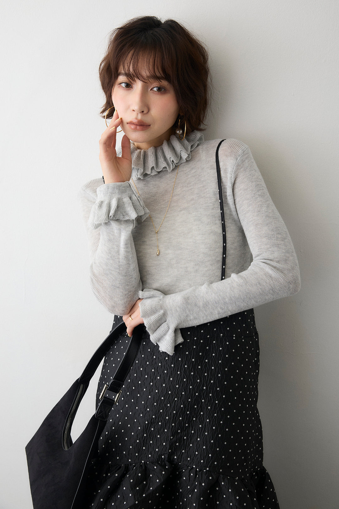 [予約/SET]ダブルフリルカラーニットプルオーバー+ドットジャガードギャザーフレアスカート(2set)