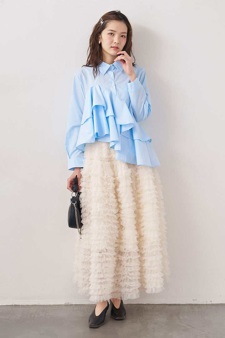 [予約/SET]アシメフリルティアードシャツ+ホイップチュールティアードスカート(2set)