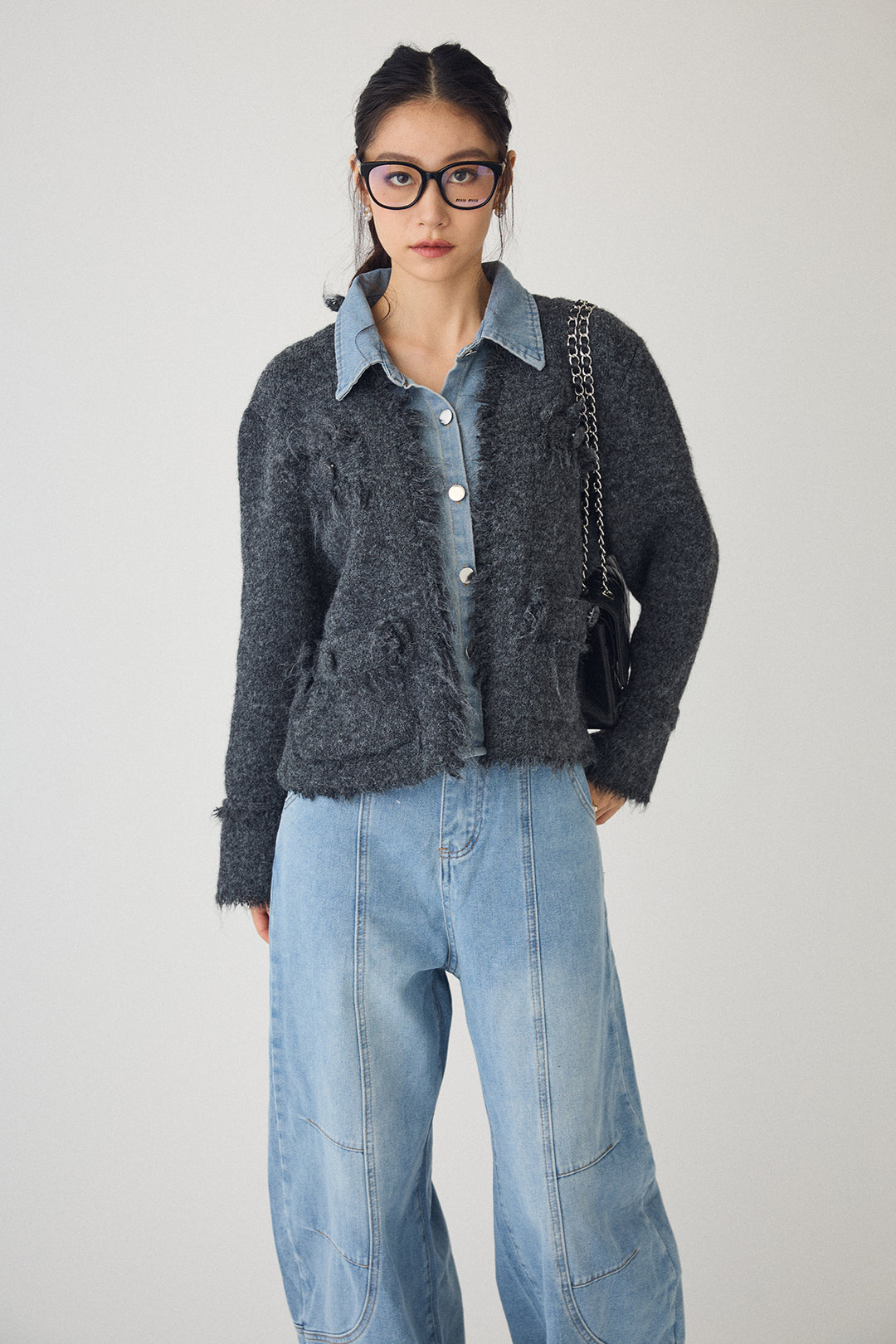 [予約/SET]デニムシャツドッキングツイードカーデ+ステッチ美ラインカーブデニムパンツ(2set)