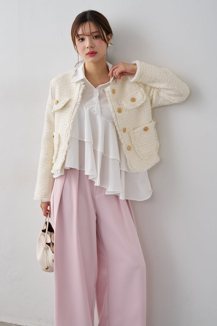 [予約/SET]フリンジツイードゴールドボタンジャケット+エステルツイルタックワイドカラーパンツ(2set)