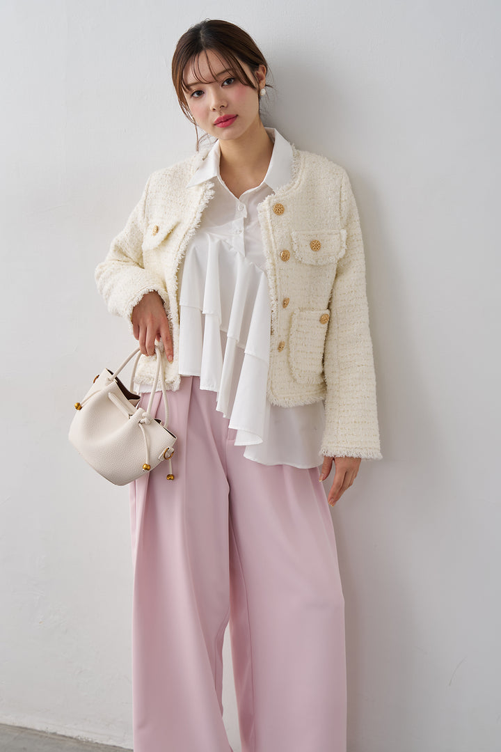 [予約/SET]フリンジツイードゴールドボタンジャケット+エステルツイルタックワイドカラーパンツ(2set)