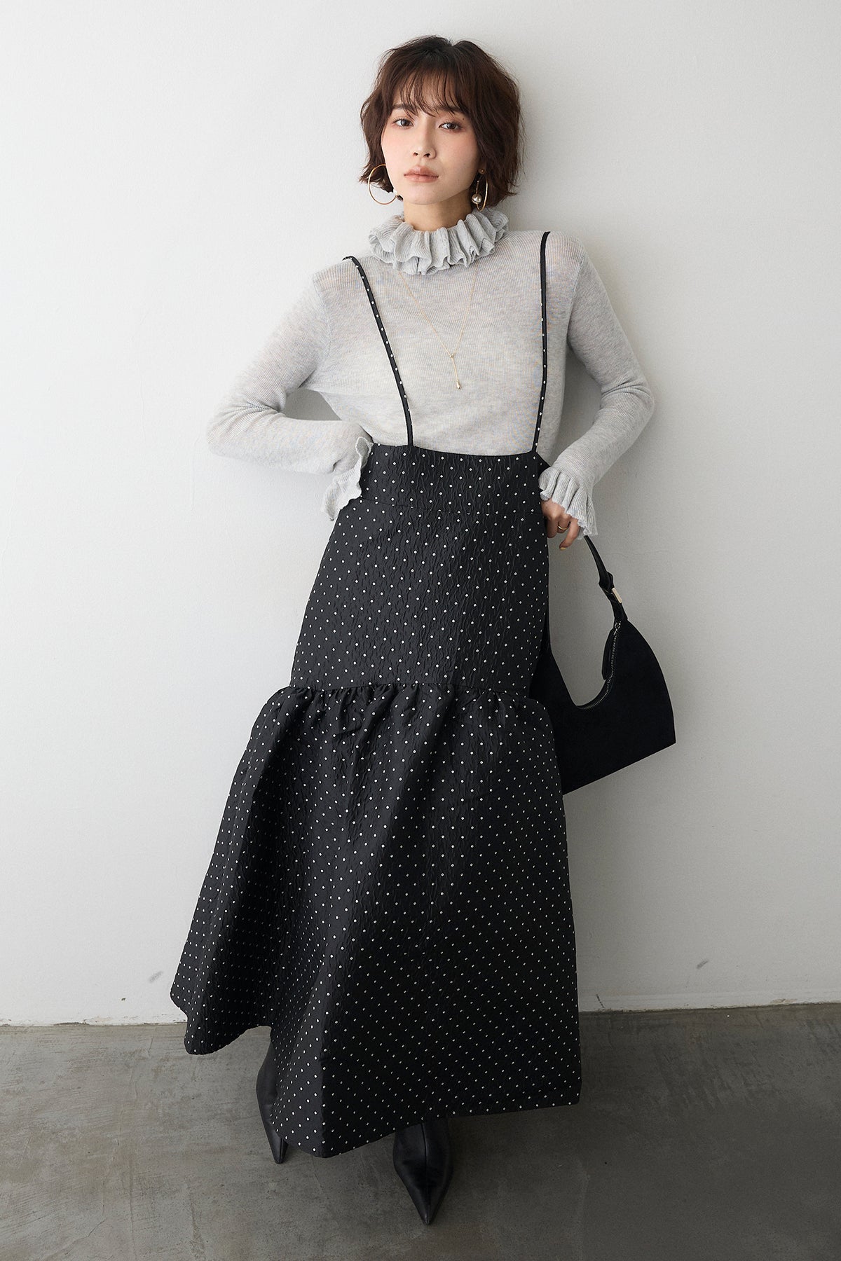 【だしょねん】ドットジャガードフリルトップス　2WAY ネイビー 予約/SET]ダブルフリルカラーニットプルオーバー+ドットジャガード