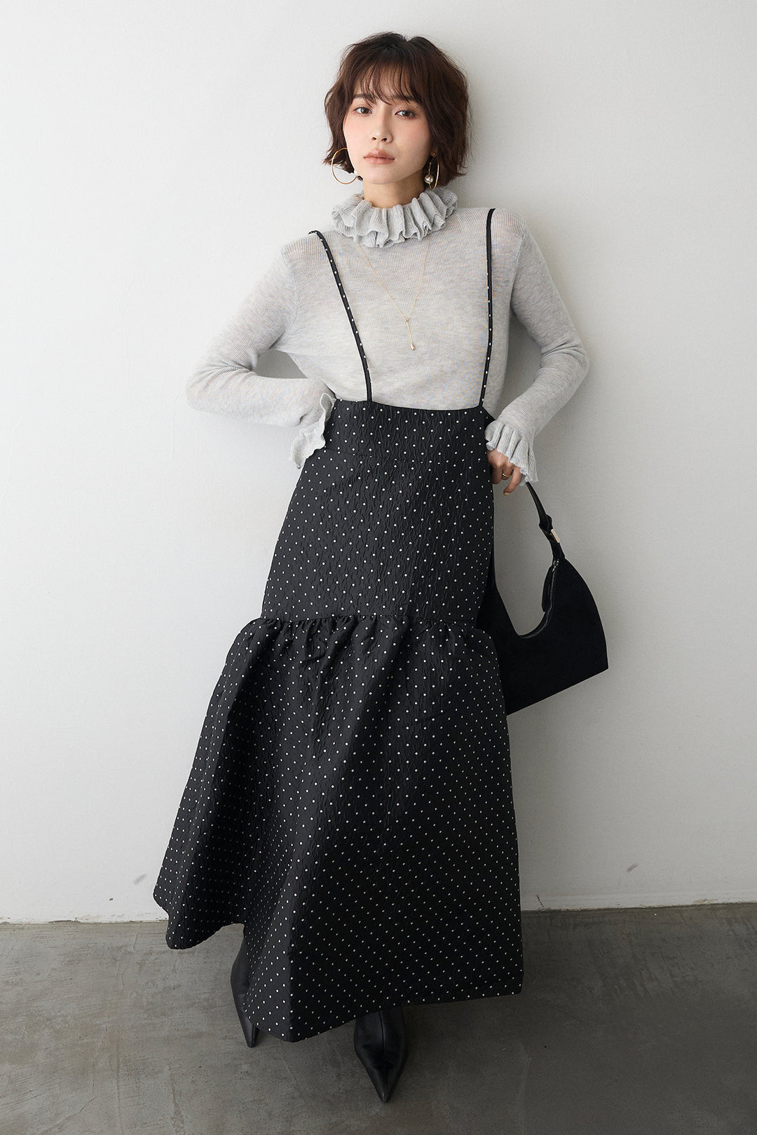 [予約/SET]ダブルフリルカラーニットプルオーバー+ドットジャガードギャザーフレアスカート(2set)