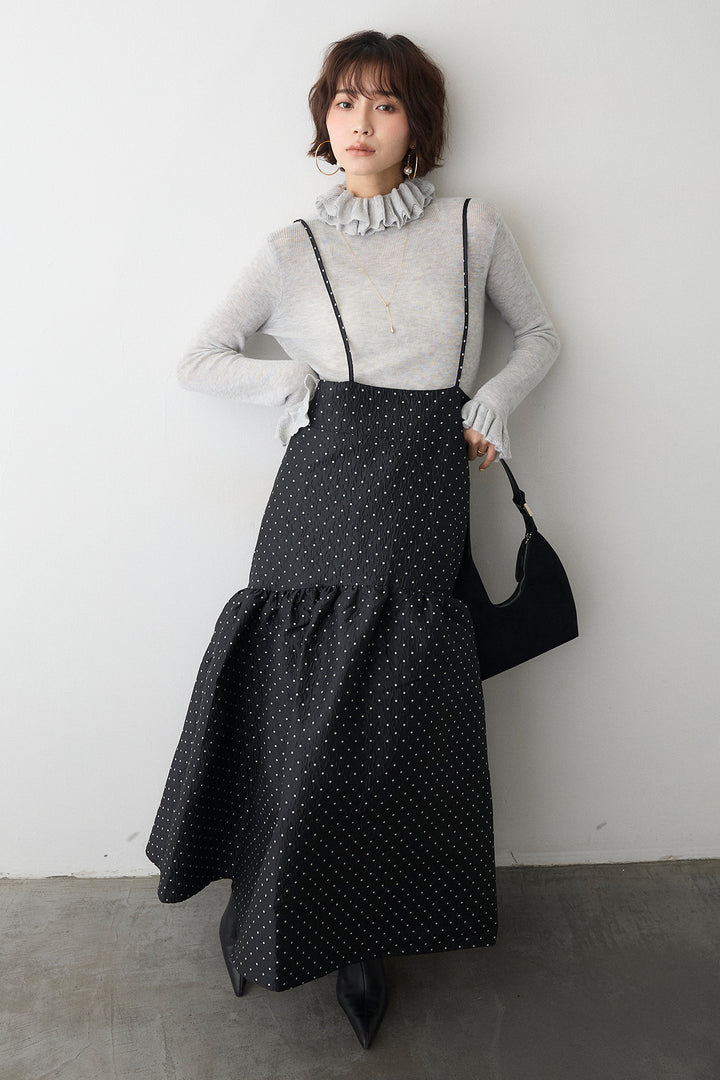 [予約/SET]ダブルフリルカラーニットプルオーバー+ドットジャガードギャザーフレアスカート(2set)