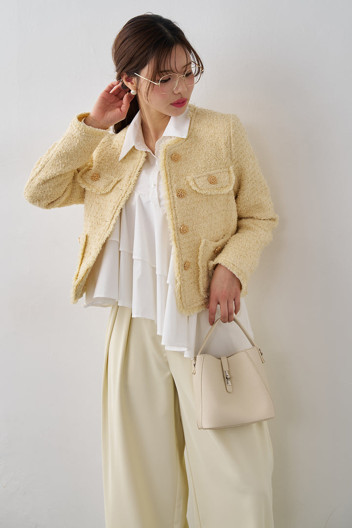 [予約/SET]アシメフリルティアードシャツ+フリンジツイードゴールドボタンジャケット+エステルツイルタックワイドカラーパンツ(3set)