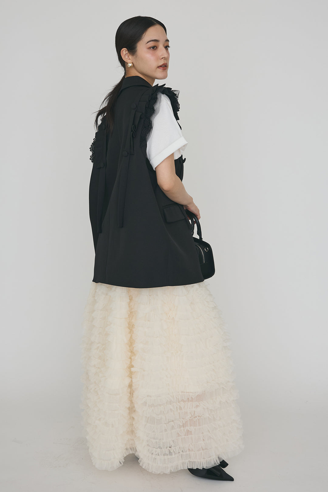 [予約/SET]フリルショルダーテーラーマニッシュベスト+ホイップチュールティアードスカート(2set)