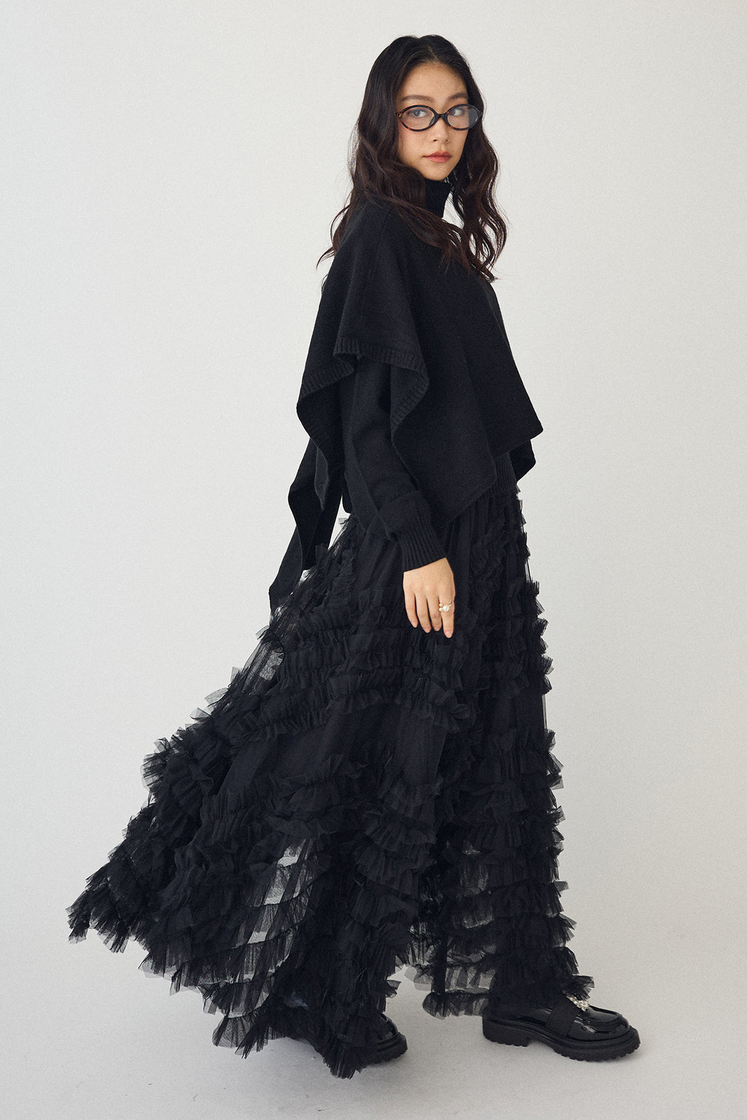 [予約/SET]アシメケープ2wayニット+スフレアシメチュールスカート(2set)