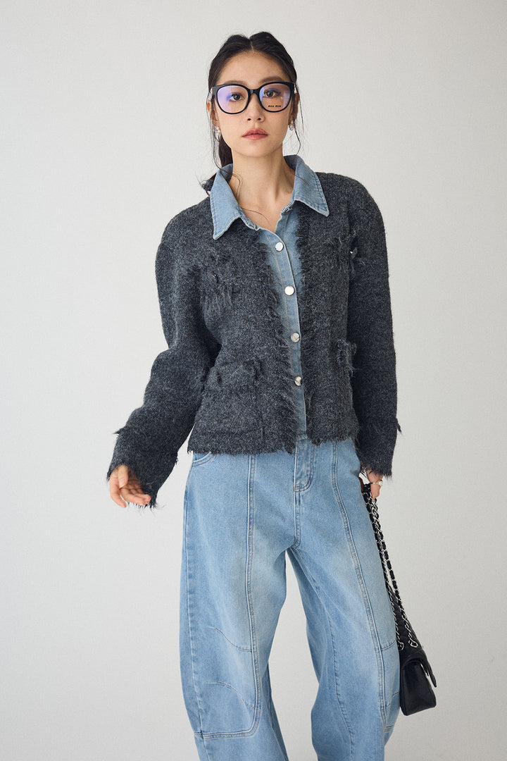 [予約/SET]デニムシャツドッキングツイードカーデ+ステッチ美ラインカーブデニムパンツ(2set)