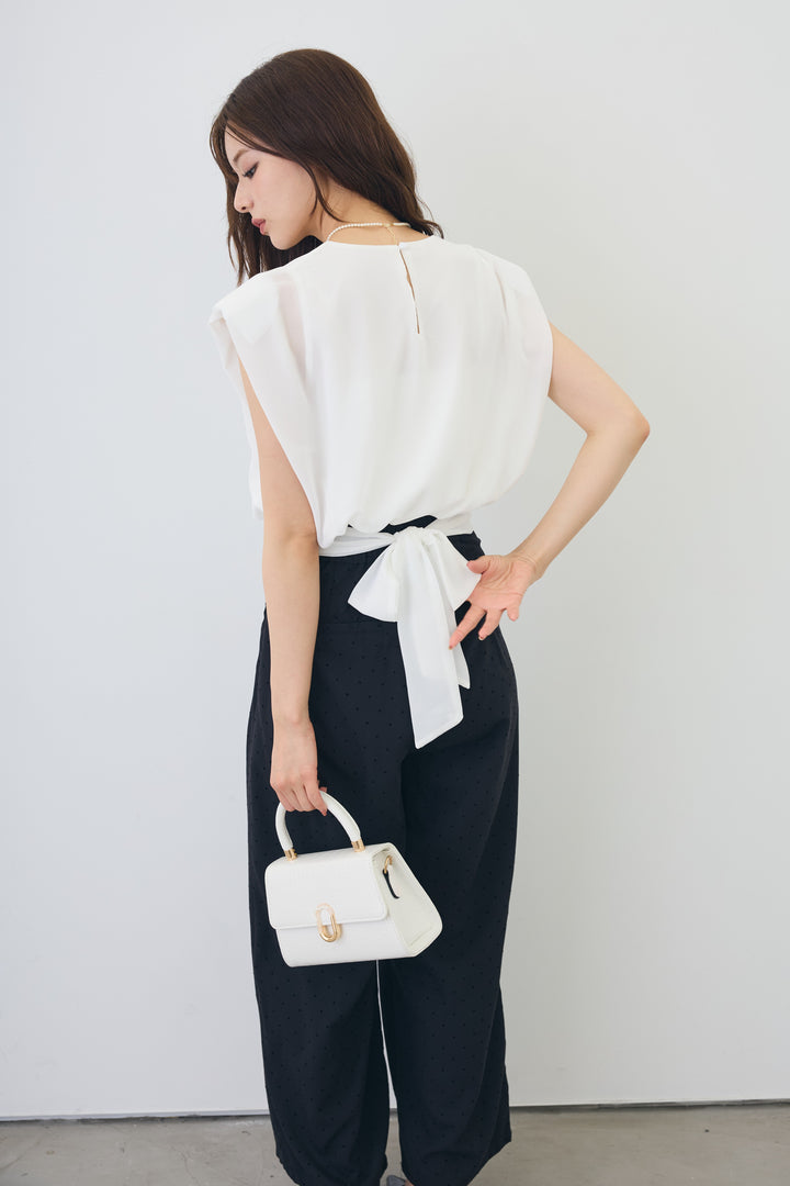 [予約/SET]バックリボンモードショルダーシフォンブラウス+ドットツイルタックワイドパンツ(2set)