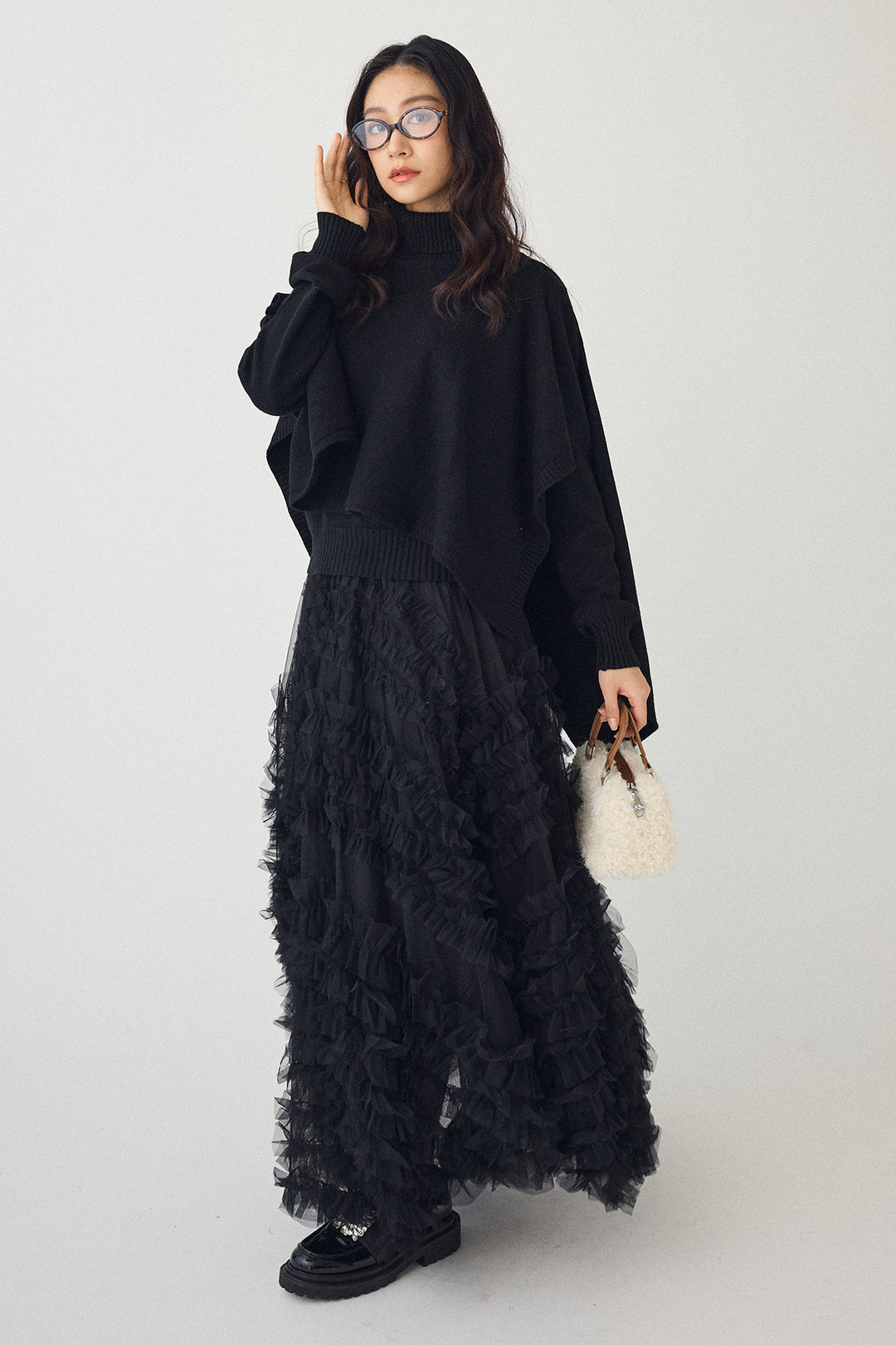 [予約/SET]アシメケープ2wayニット+スフレアシメチュールスカート(2set)