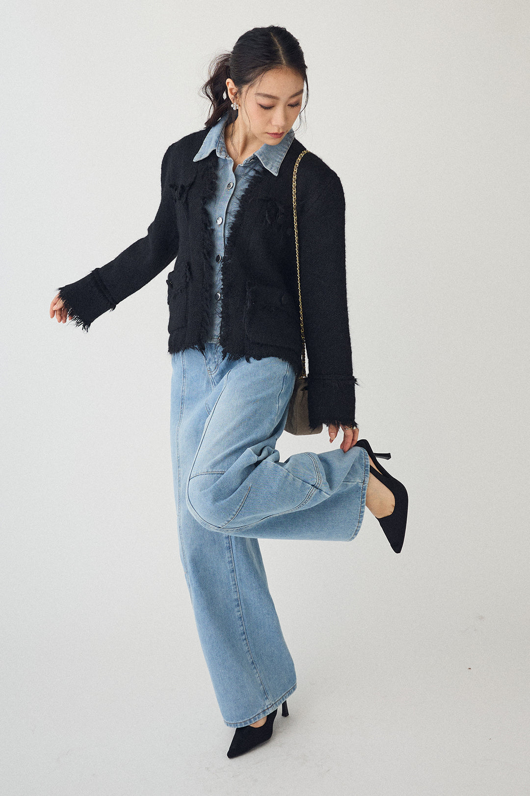 [予約/SET]デニムシャツドッキングツイードカーデ+ステッチ美ラインカーブデニムパンツ(2set)