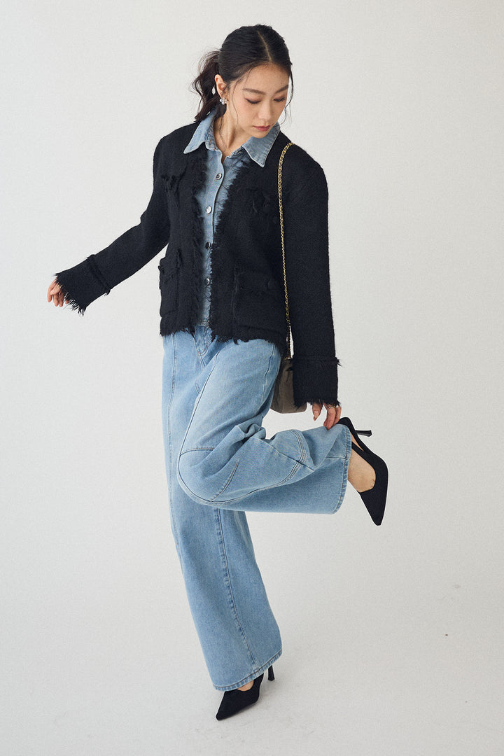 [予約/SET]デニムシャツドッキングツイードカーデ+ステッチ美ラインカーブデニムパンツ(2set)