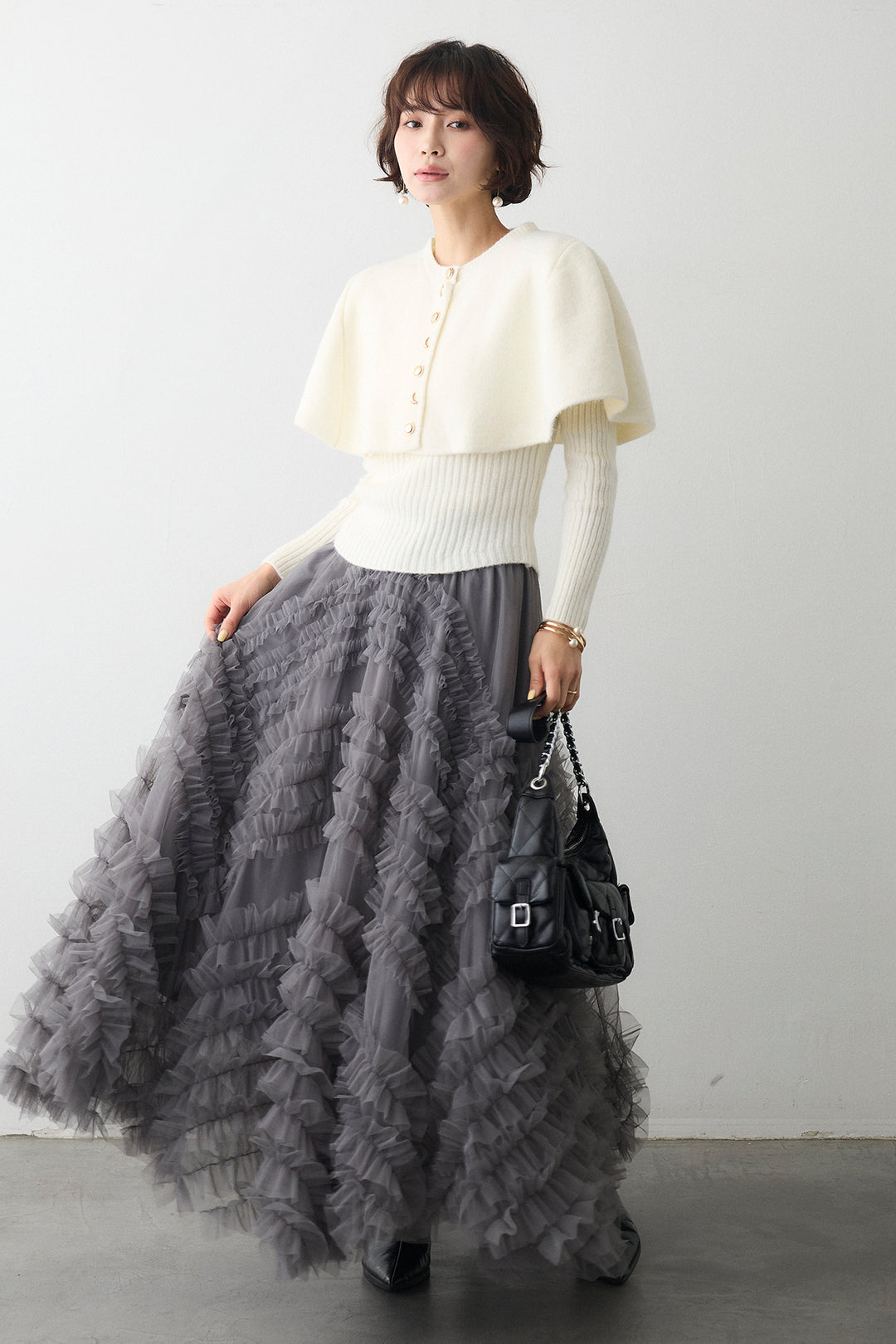 [予約/SET]ミックス釦ケープ2wayニット+スフレアシメチュールスカート(2set)