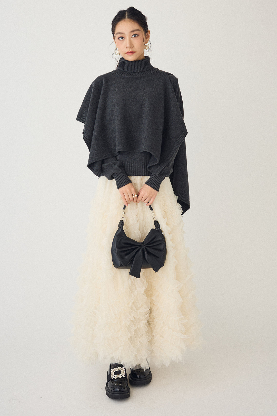 [予約/SET]アシメケープ2wayニット+スフレアシメチュールスカート(2set)