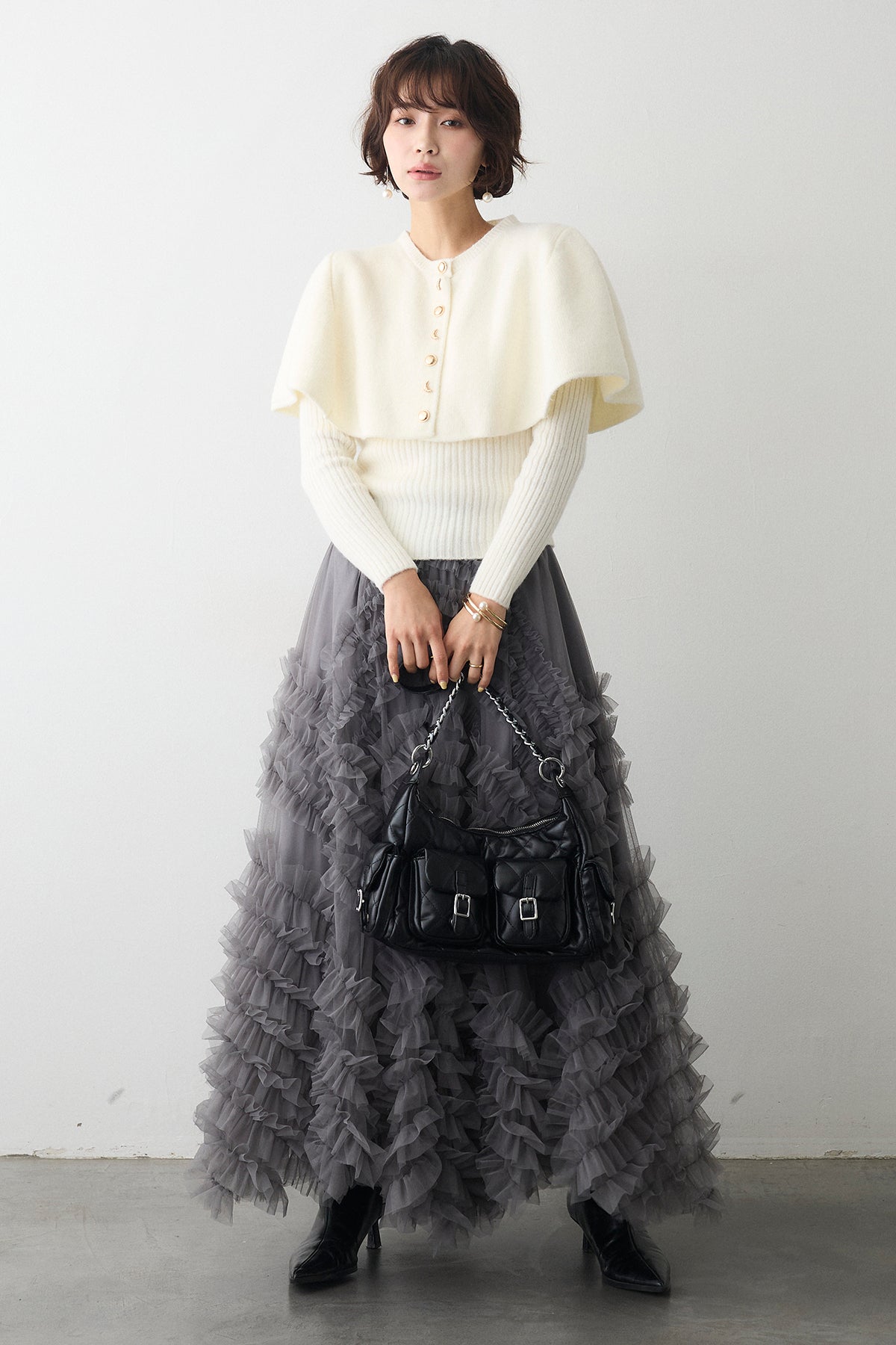 予約/SET]ミックス釦ケープ2wayニット+スフレアシメチュールスカート