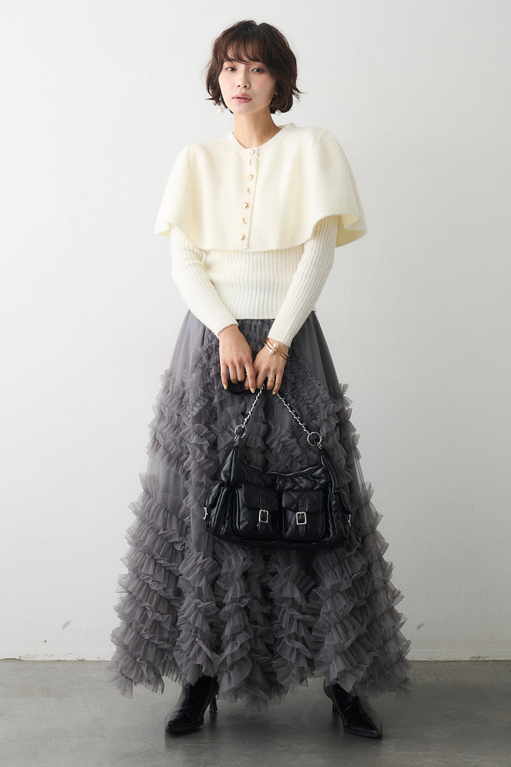 [予約/SET]ミックス釦ケープ2wayニット+スフレアシメチュールスカート(2set)