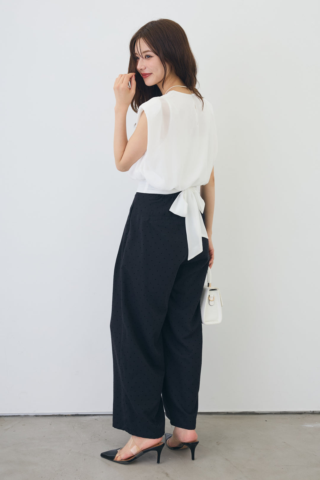 [予約/SET]バックリボンモードショルダーシフォンブラウス+ドットツイルタックワイドパンツ(2set)