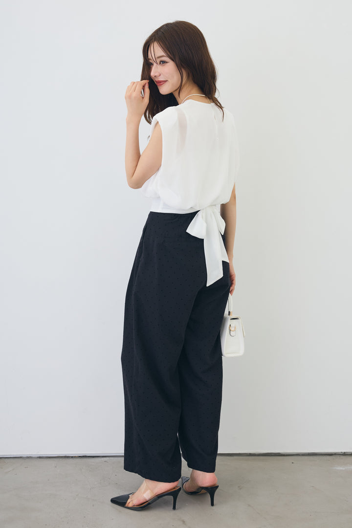 [予約/SET]バックリボンモードショルダーシフォンブラウス+ドットツイルタックワイドパンツ(2set)