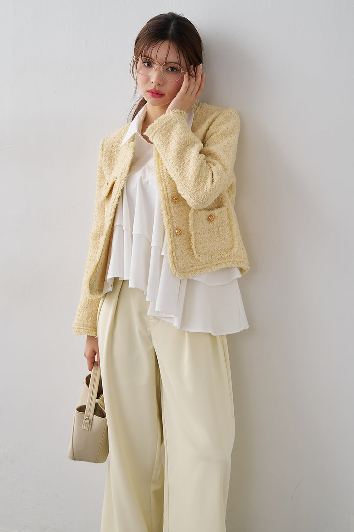 [予約/SET]アシメフリルティアードシャツ+フリンジツイードゴールドボタンジャケット+エステルツイルタックワイドカラーパンツ(3set)