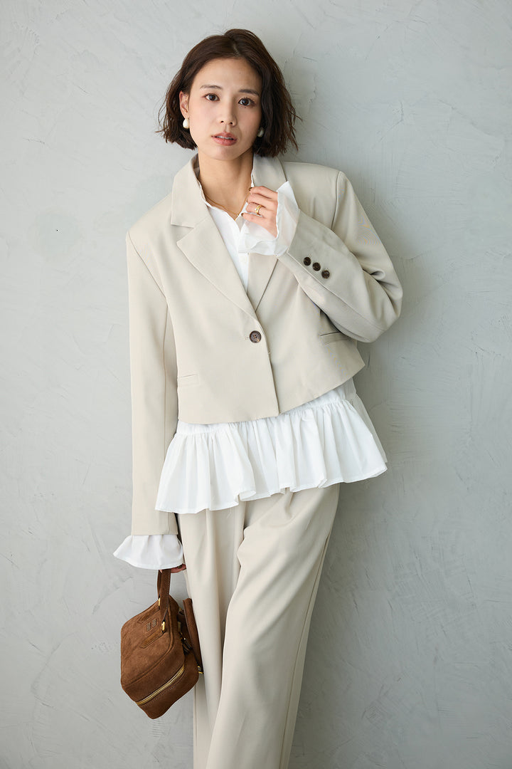 [予約/SET]フリルヘムスリーブブラウス+クロップドマニッシュシンプルジャケット+ツイルシンプルストレートパンツ(3set)