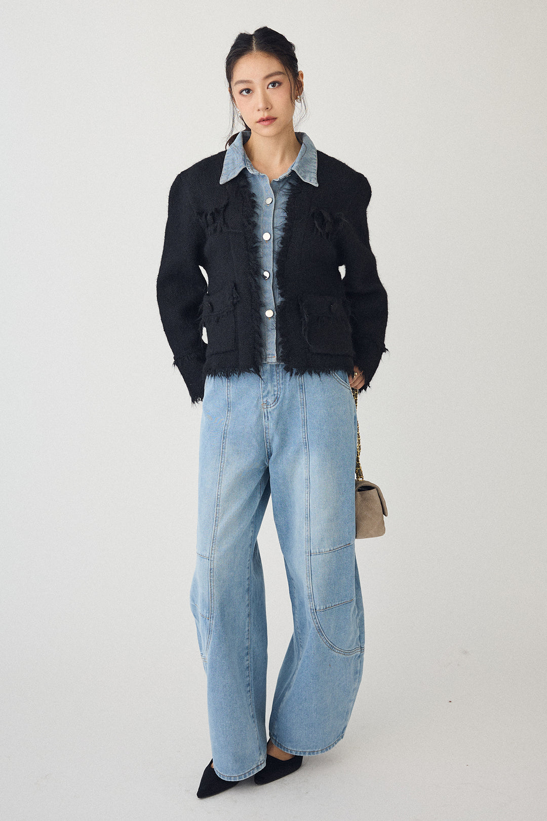 [予約/SET]デニムシャツドッキングツイードカーデ+ステッチ美ラインカーブデニムパンツ(2set)