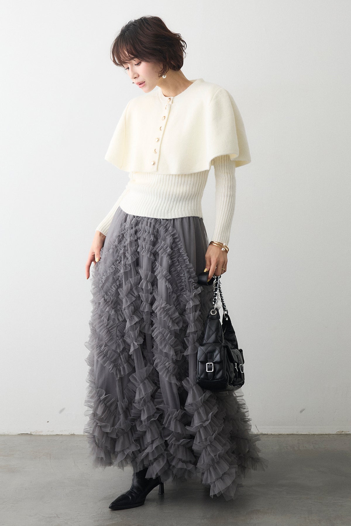 予約/SET]ミックス釦ケープ2wayニット+スフレアシメチュールスカート