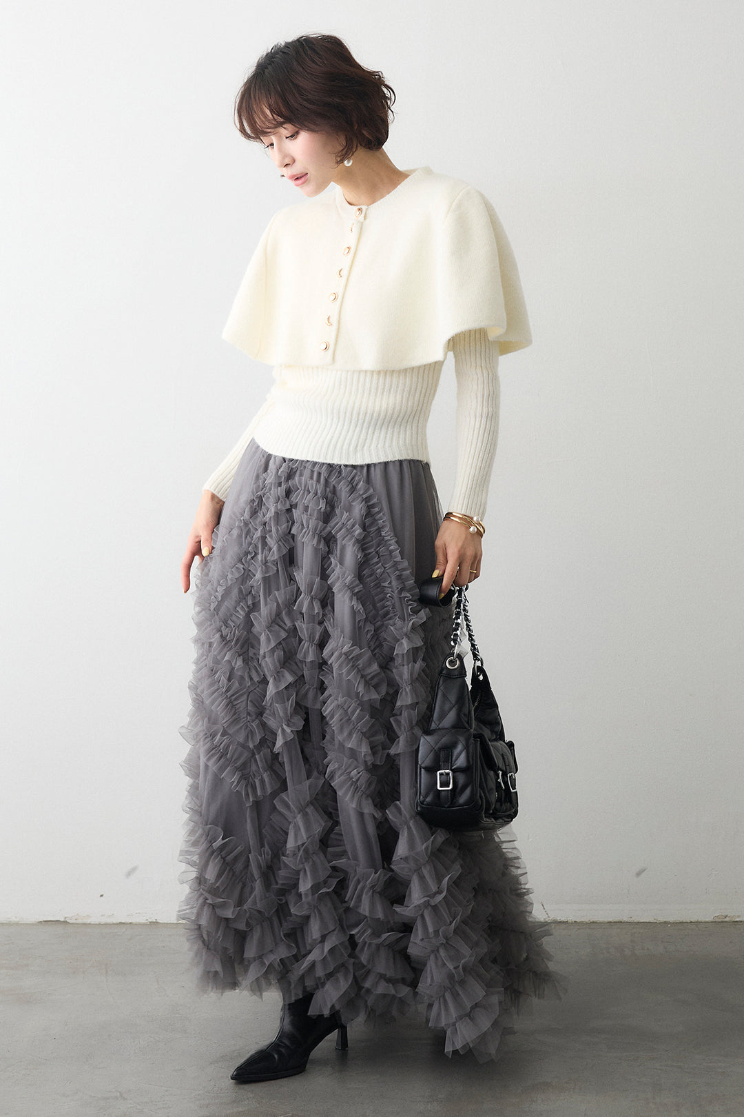 [予約/SET]ミックス釦ケープ2wayニット+スフレアシメチュールスカート(2set)
