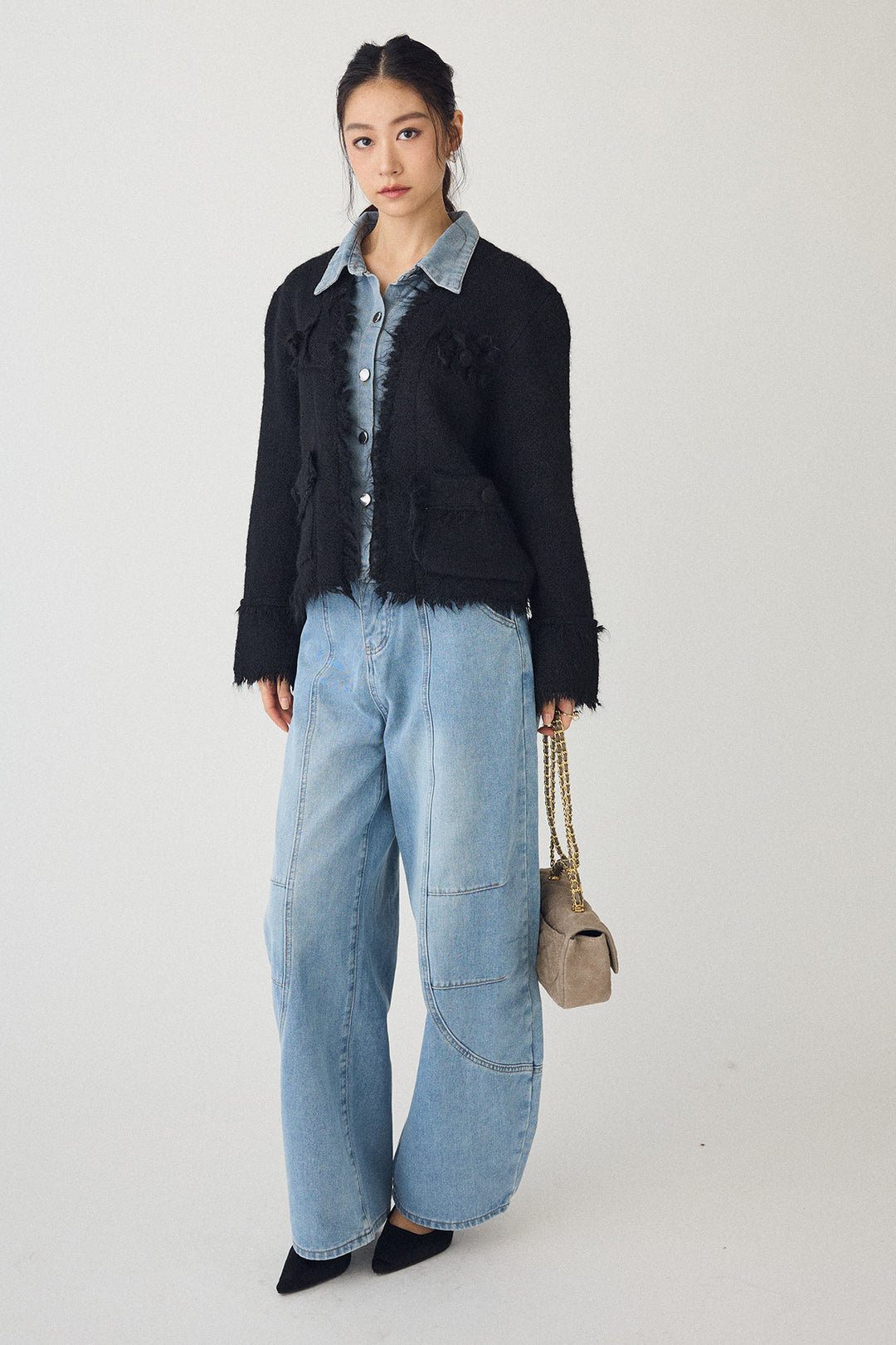 [予約/SET]デニムシャツドッキングツイードカーデ+ステッチ美ラインカーブデニムパンツ(2set)