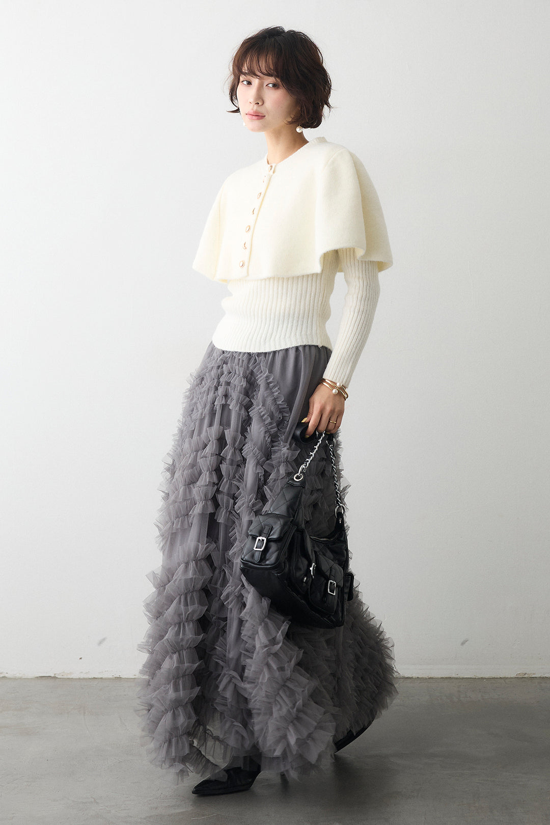 [予約/SET]ミックス釦ケープ2wayニット+スフレアシメチュールスカート(2set)