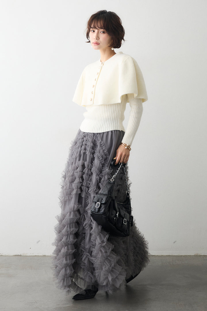 [予約/SET]ミックス釦ケープ2wayニット+スフレアシメチュールスカート(2set)