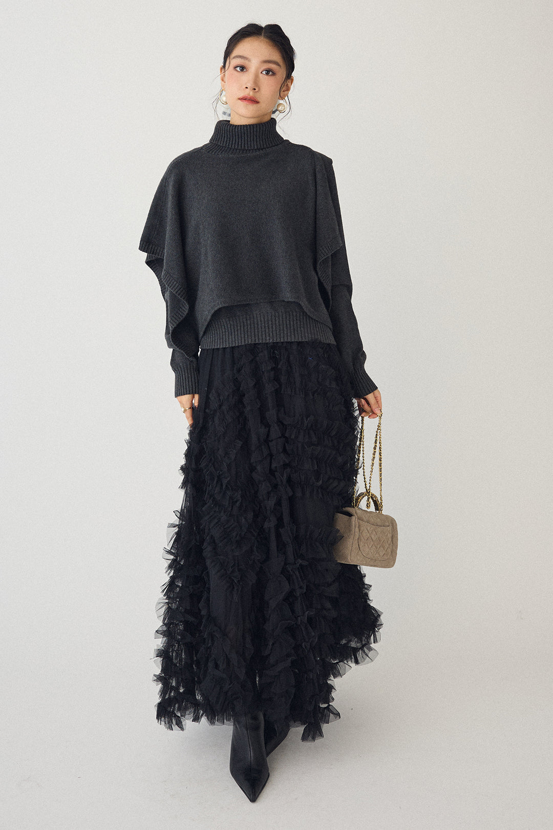 [予約/SET]アシメケープ2wayニット+スフレアシメチュールスカート(2set)