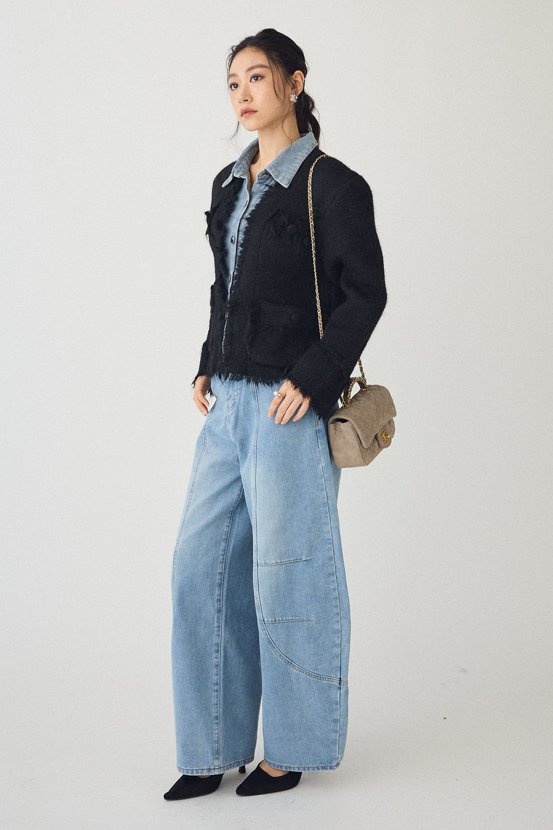 [予約/SET]デニムシャツドッキングツイードカーデ+ステッチ美ラインカーブデニムパンツ(2set)