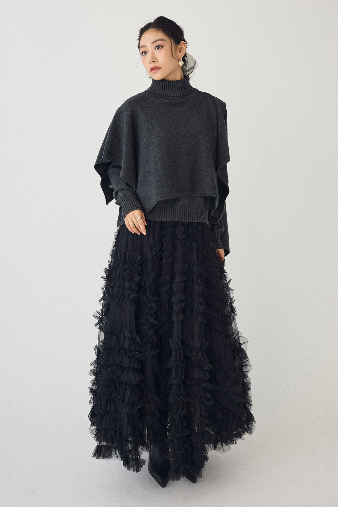 [予約/SET]アシメケープ2wayニット+スフレアシメチュールスカート(2set)