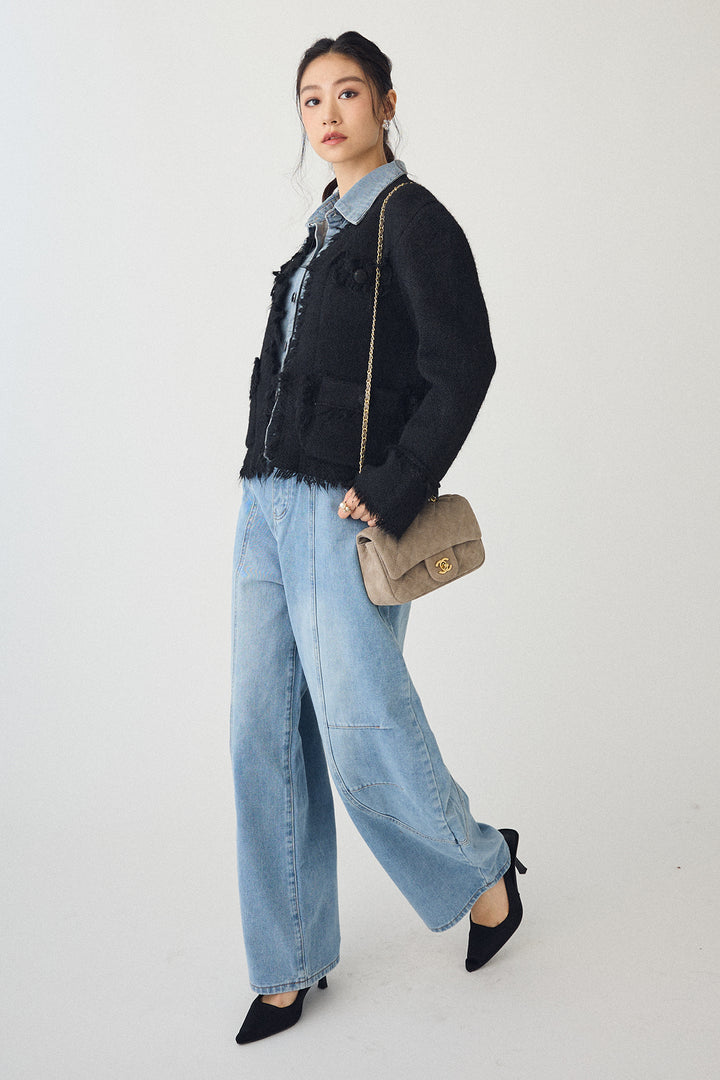 [予約/SET]デニムシャツドッキングツイードカーデ+ステッチ美ラインカーブデニムパンツ(2set)