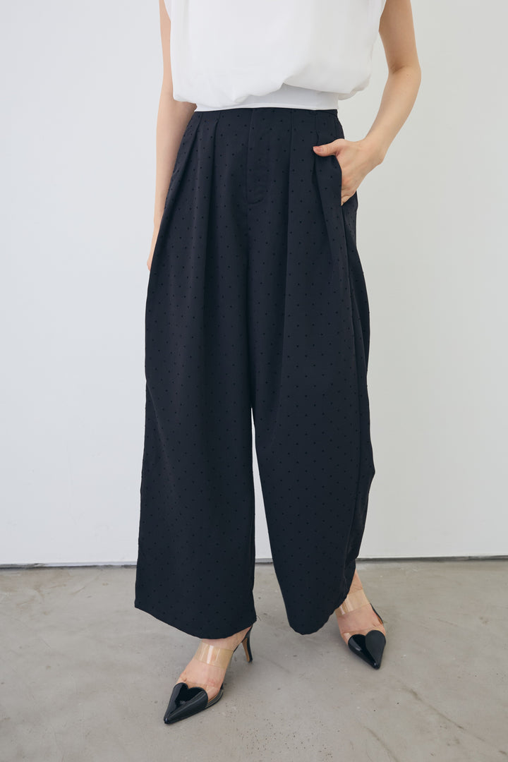 [予約/SET]バックリボンモードショルダーシフォンブラウス+ドットツイルタックワイドパンツ(2set)