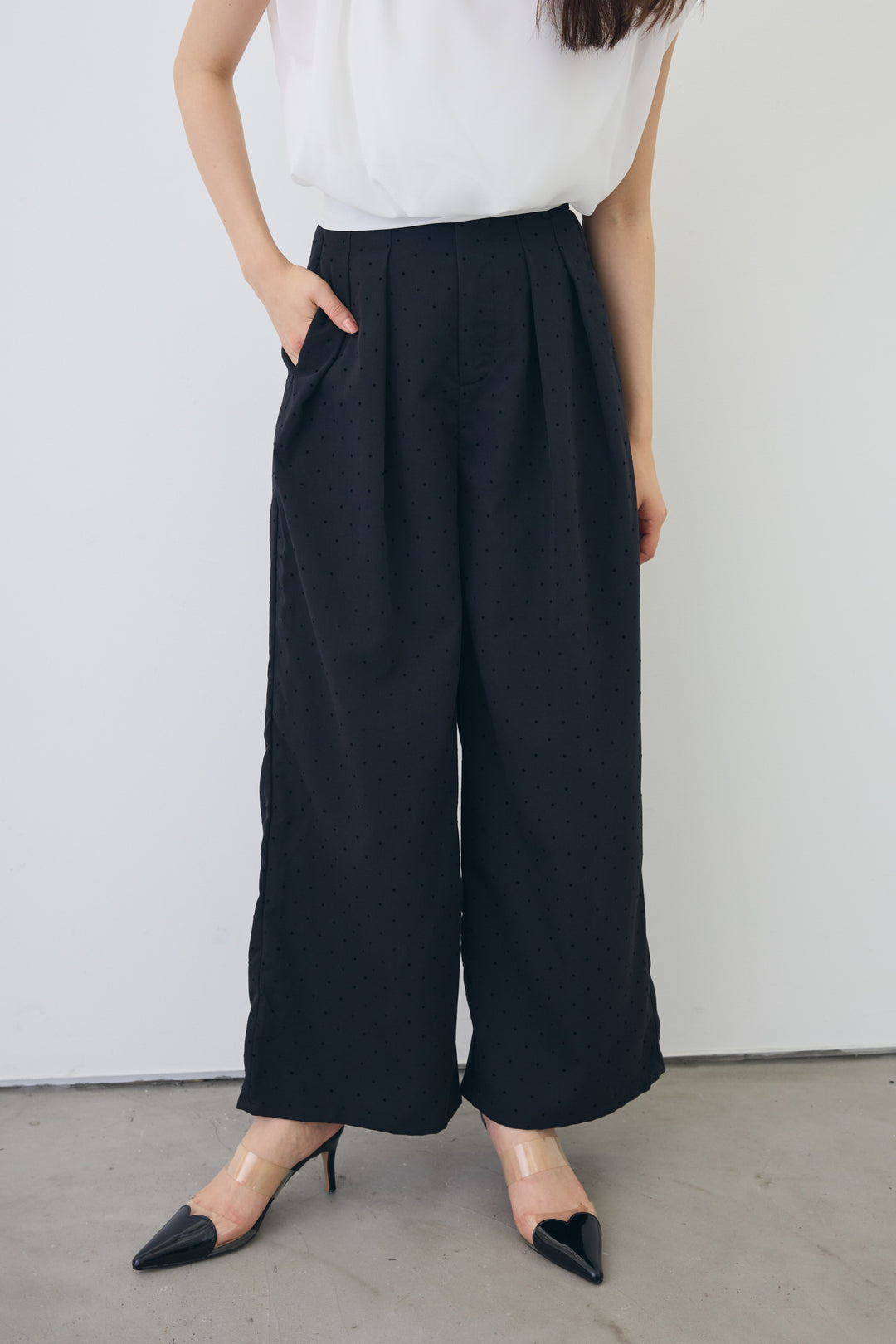[予約/SET]バックリボンモードショルダーシフォンブラウス+ドットツイルタックワイドパンツ(2set)