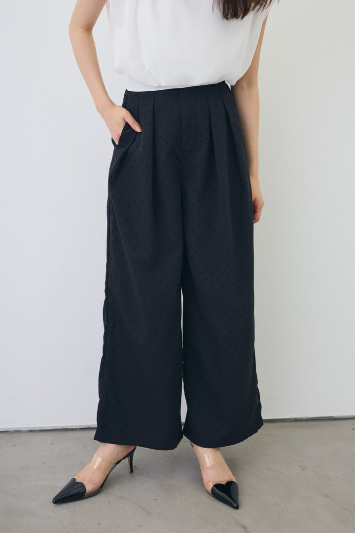 [予約/SET]バックリボンモードショルダーシフォンブラウス+ドットツイルタックワイドパンツ(2set)