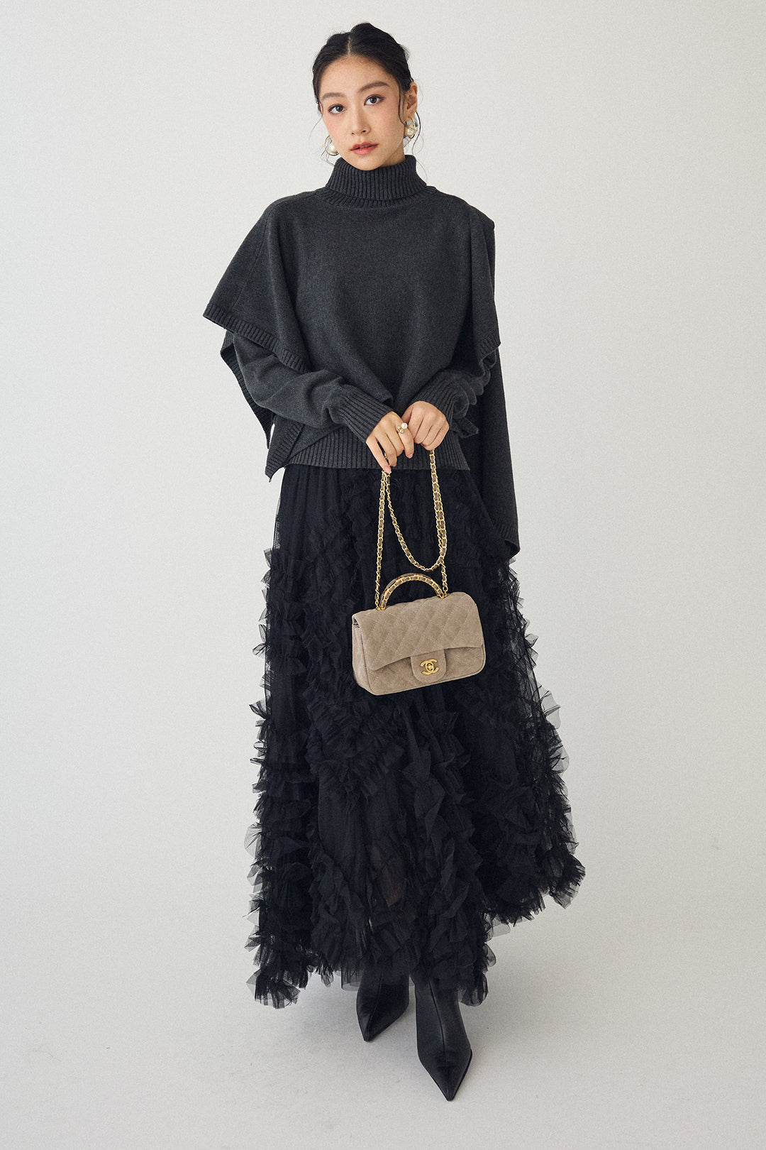 [予約/SET]アシメケープ2wayニット+スフレアシメチュールスカート(2set)