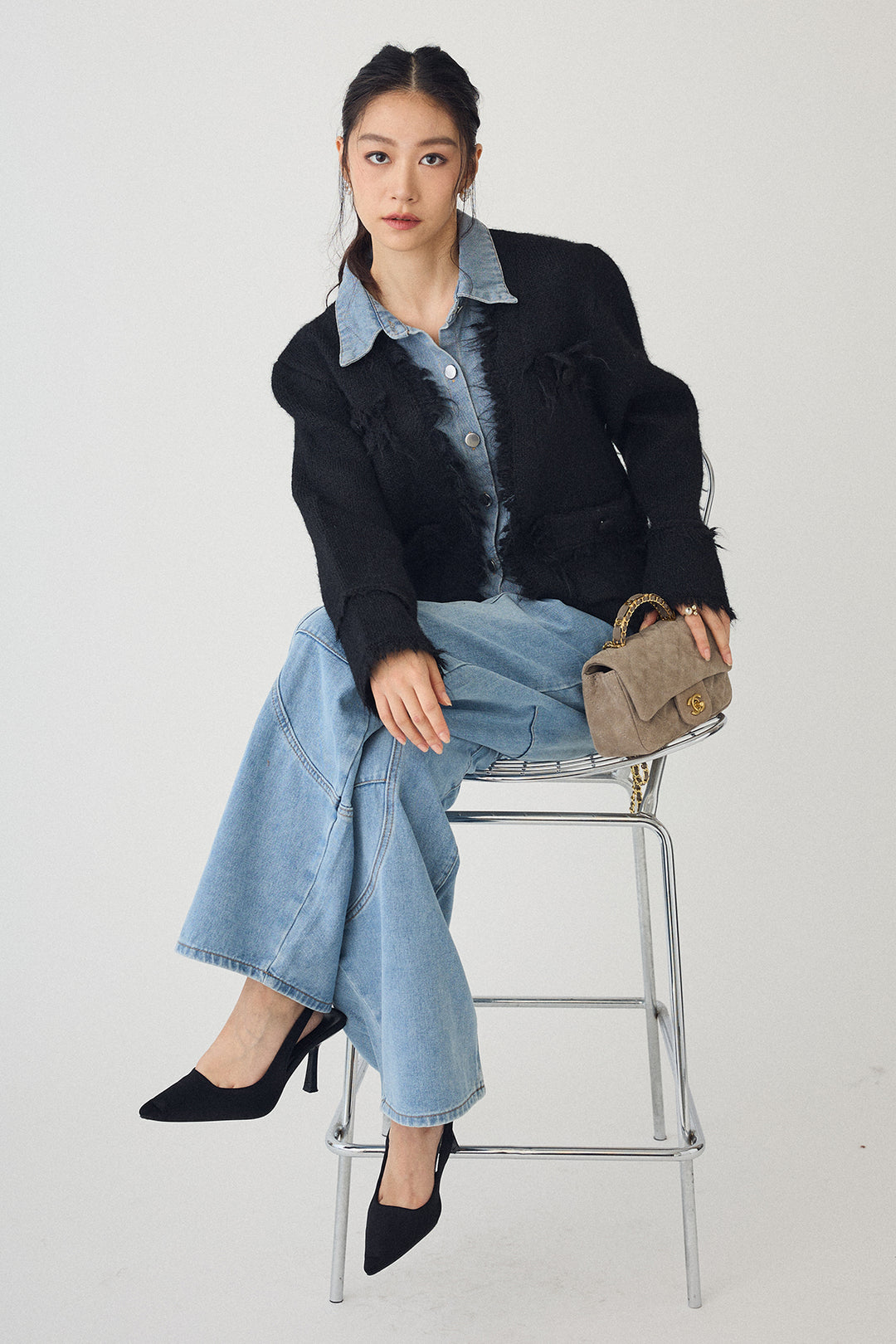 [予約/SET]デニムシャツドッキングツイードカーデ+ステッチ美ラインカーブデニムパンツ(2set)