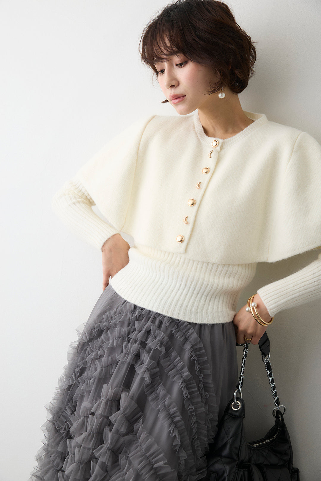 [予約/SET]ミックス釦ケープ2wayニット+スフレアシメチュールスカート(2set)