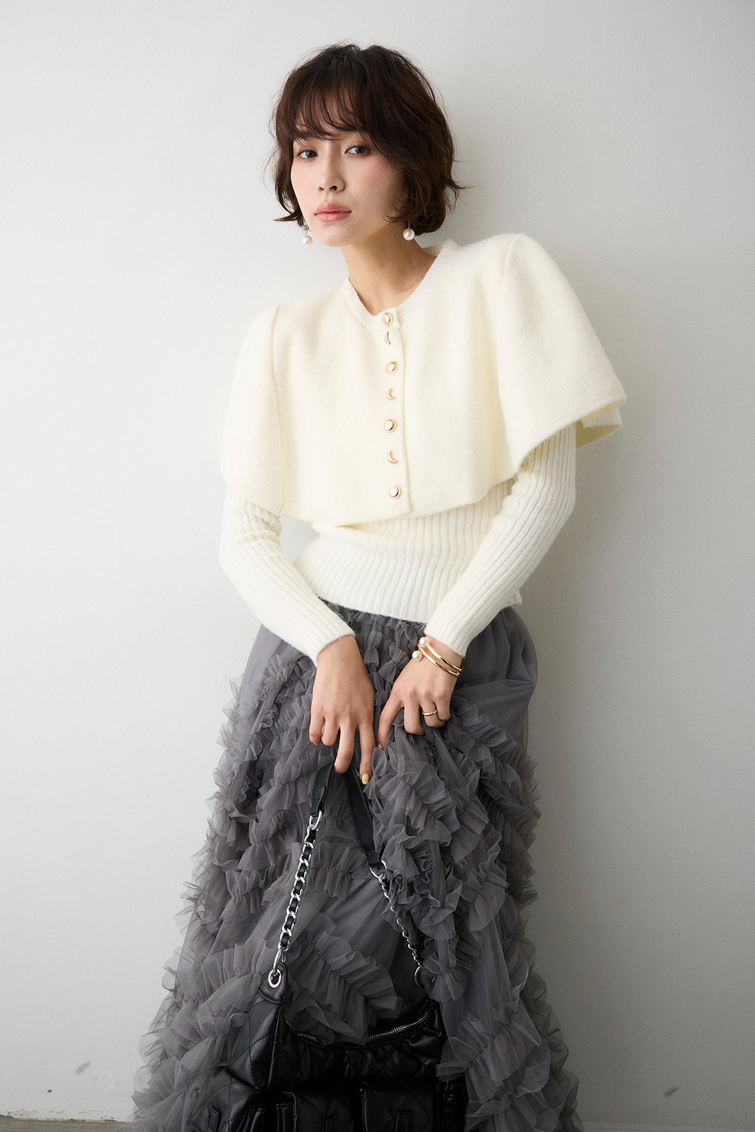 [予約]ミックス釦ケープ2wayニット