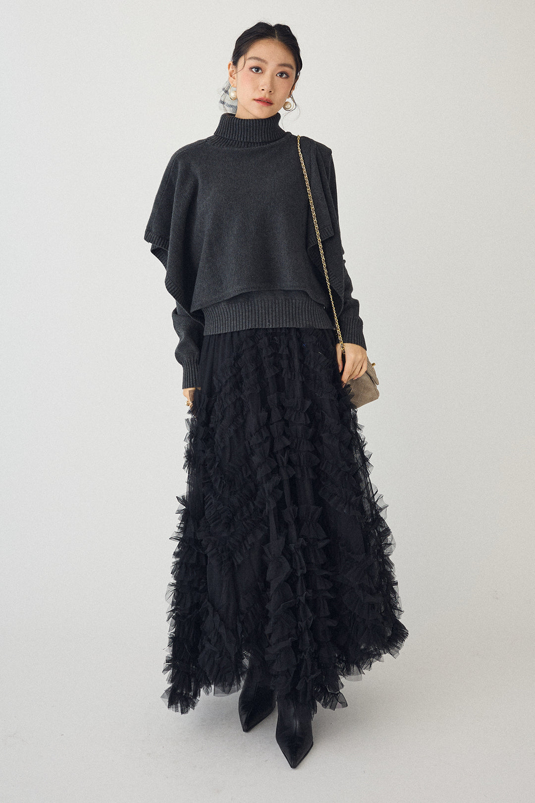 [予約/SET]アシメケープ2wayニット+スフレアシメチュールスカート(2set)